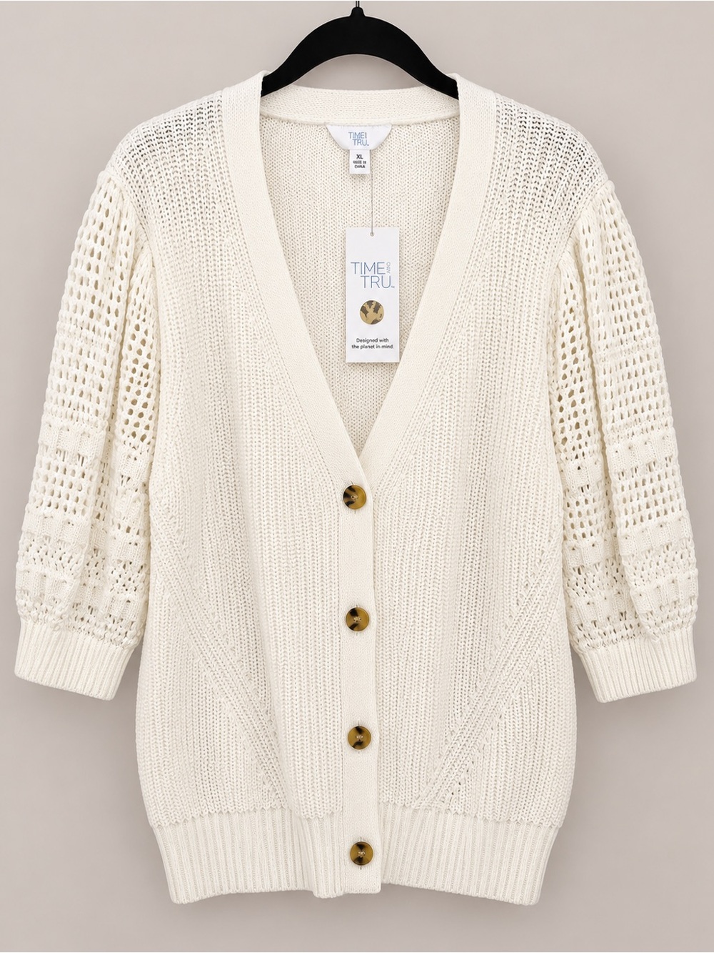 Time and Tru Cream Open-Weave Button Front Cardigan
